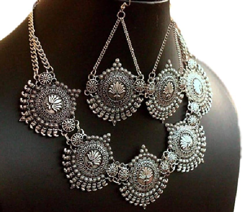 salaam Namaste Indian jewelry,Afghani jewelry,Afghani bib choker necklace and earrings combo set in German silver