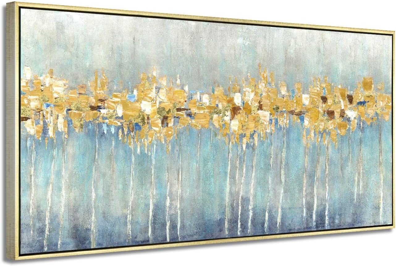 Large Abstract Landscape Canvas Painting: Rustic Hand-Painted Texturing Gold Foils Brushstroke Gray Artwork Wall Art for Office (48 x 24 x 1 Panel)