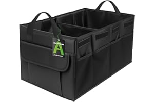 AUTOPTIM Trunk Organizer - Collapsible Car Organizer with 5 Pockets, Trunk Organizer for SUV, Sedan & Van with Sturdy Base Panel for Car Accessories, 2 Compartments, Black