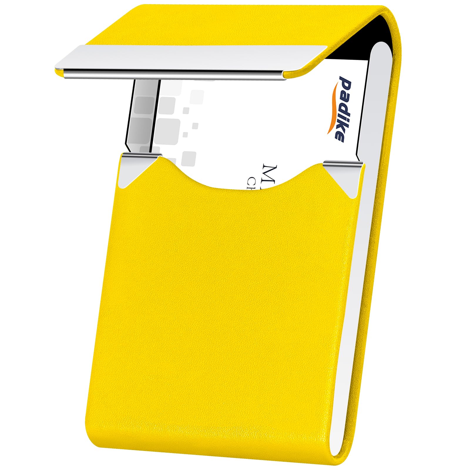 Padike Professional Business Card Holder PU Leather Business Card Case Name Card Holder Slim Metal Pocket Card Holder with Magnetic Shut (Y-Yellow)