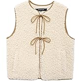 Perbai Women's Fuzzy Fleece Vest Crewneck Sleeveless Sherpa Jacket Tie Front Y2K Cardigan Vest Gilet with Pockets