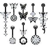 Vsnnsns 14G Belly Button Ring Piercing Jewelry 316L Stainless Surgical Steel Heart CZ Pearl Butterfly Flower Navel Rings Dangle Belly Button Ring Navel Piercing Jewelry for Women Men Hypoallergenic