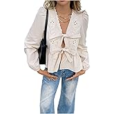 OYOANGLE Women's Floral Embroidery Bow Tie Front Blouse Lantern Long Sleeve Ruffle Peplum Tops