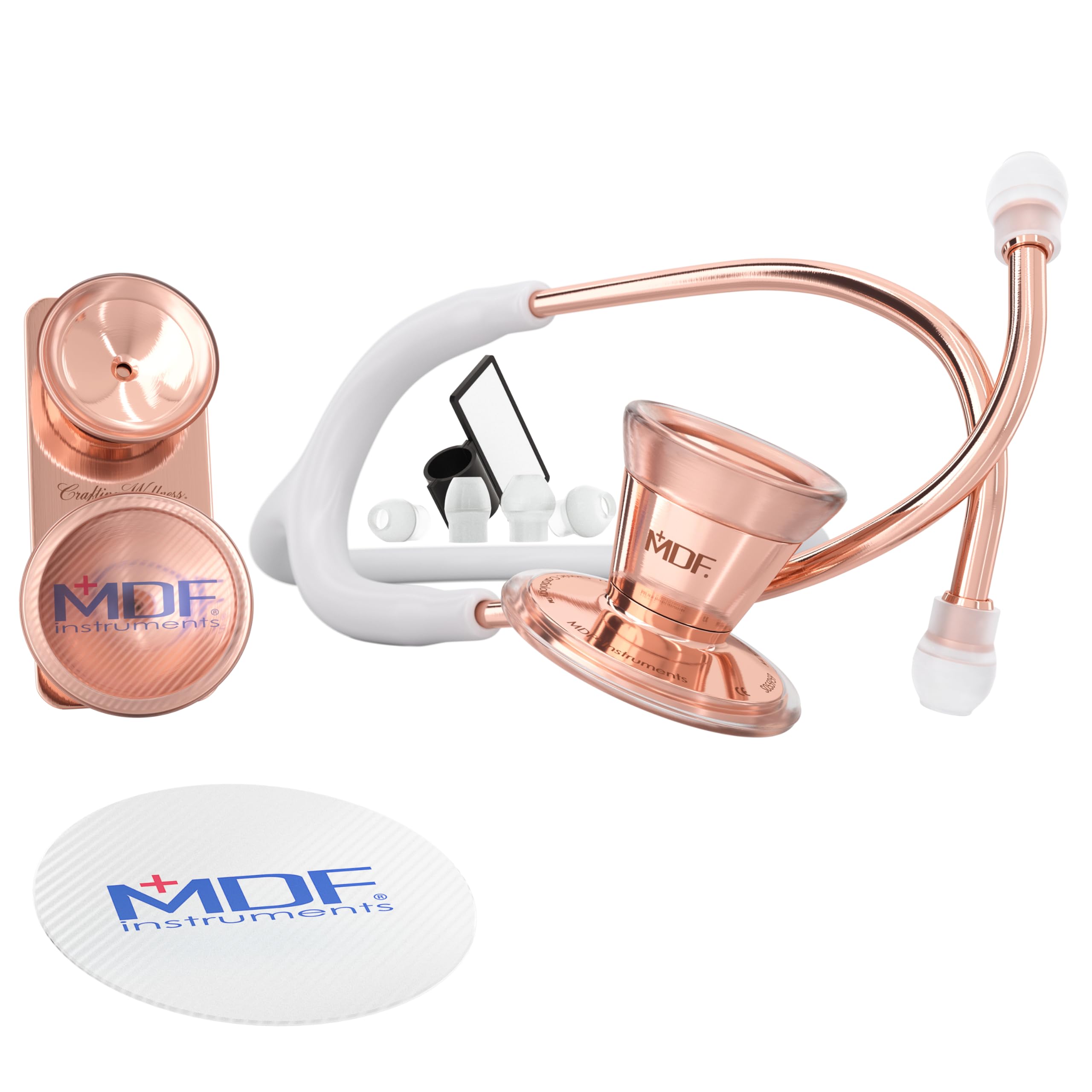 MDF Instruments, ProCardial Core Cardiology Stainless Steel Dual Head Adult-Pediatric Stethoscope with Adult Cardiology Bell Convertible Attachment, Rose Gold/White MDF797DD-RG29