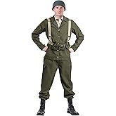 Deluxe Men's WW2 Soldier Costume Adult Dark Green Combat Uniform Halloween Outfit