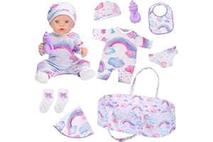 Ecore Fun 8 Pcs Baby Doll Clothes with Bassinet for 16-20 Inch Baby Doll, Rainbow Baby Doll Clothes Outfit Accessories fit 16 to 20 Inch Baby Doll（No Doll）