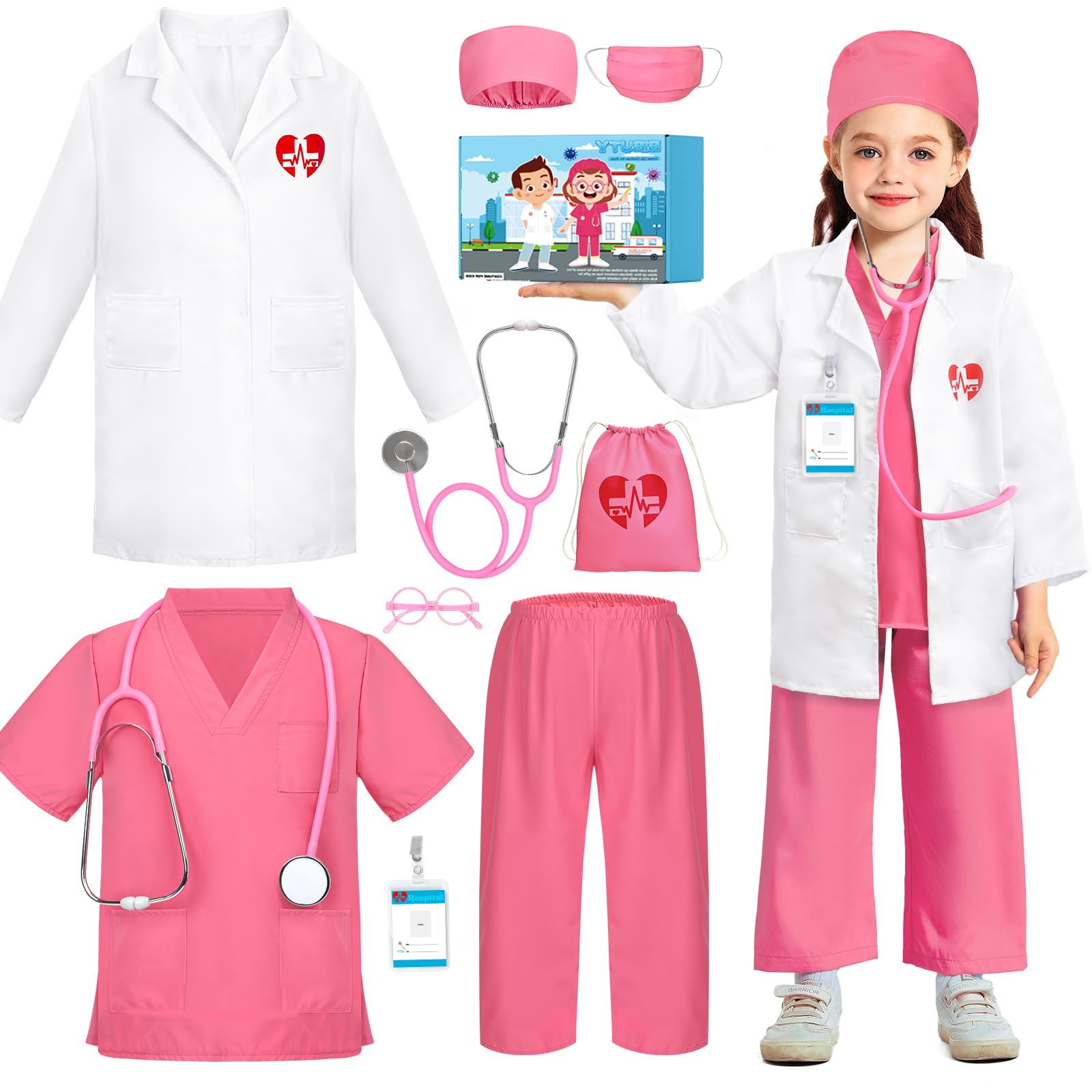 Photo 1 of BIBUTY Doctor Costume for Kids Scrubs for Girls Boys with Lab Coat, Doctor Dress Up with Real Stethoscope, Halloween Costumes for Girls Doctor Kit for Kids Career Day Costume, Toys Gifts for 5-8 Kids
