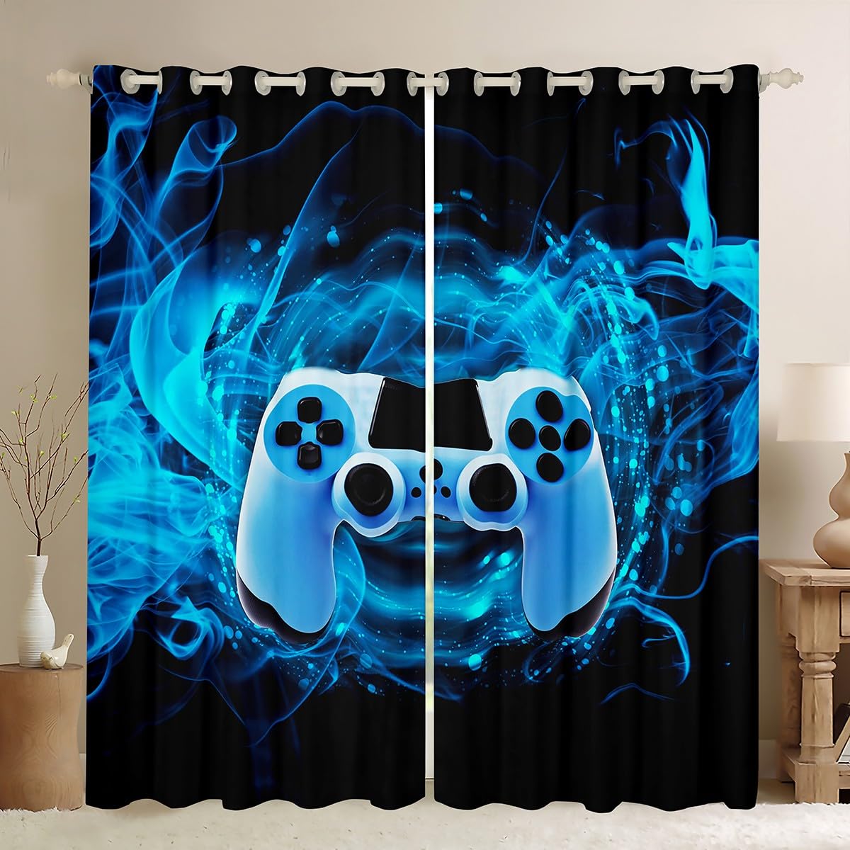 Games Curtain for Gaming Bedroom Living Room Gamer Room Curtains Kids Boys Video Game Gamepad Window Drapes Console Game Controller Curtain Blue W66*L72