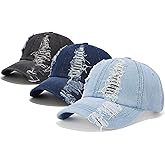 3 Pack Baseball Cap Vintage Distressed Ripped Denim Low Profile Unstructured Cotton Dad Hat Adjustable for Women Men (Black, Dark Blue, Light Blue)