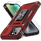DEERLAMN Case for iPhone 13/iPhone 14 6.1-Inch with Slide Camera Cover+Screen Protector(2 Packs),Rotated Ring Kickstand Military Grade Shockproof Protective Cover-Red