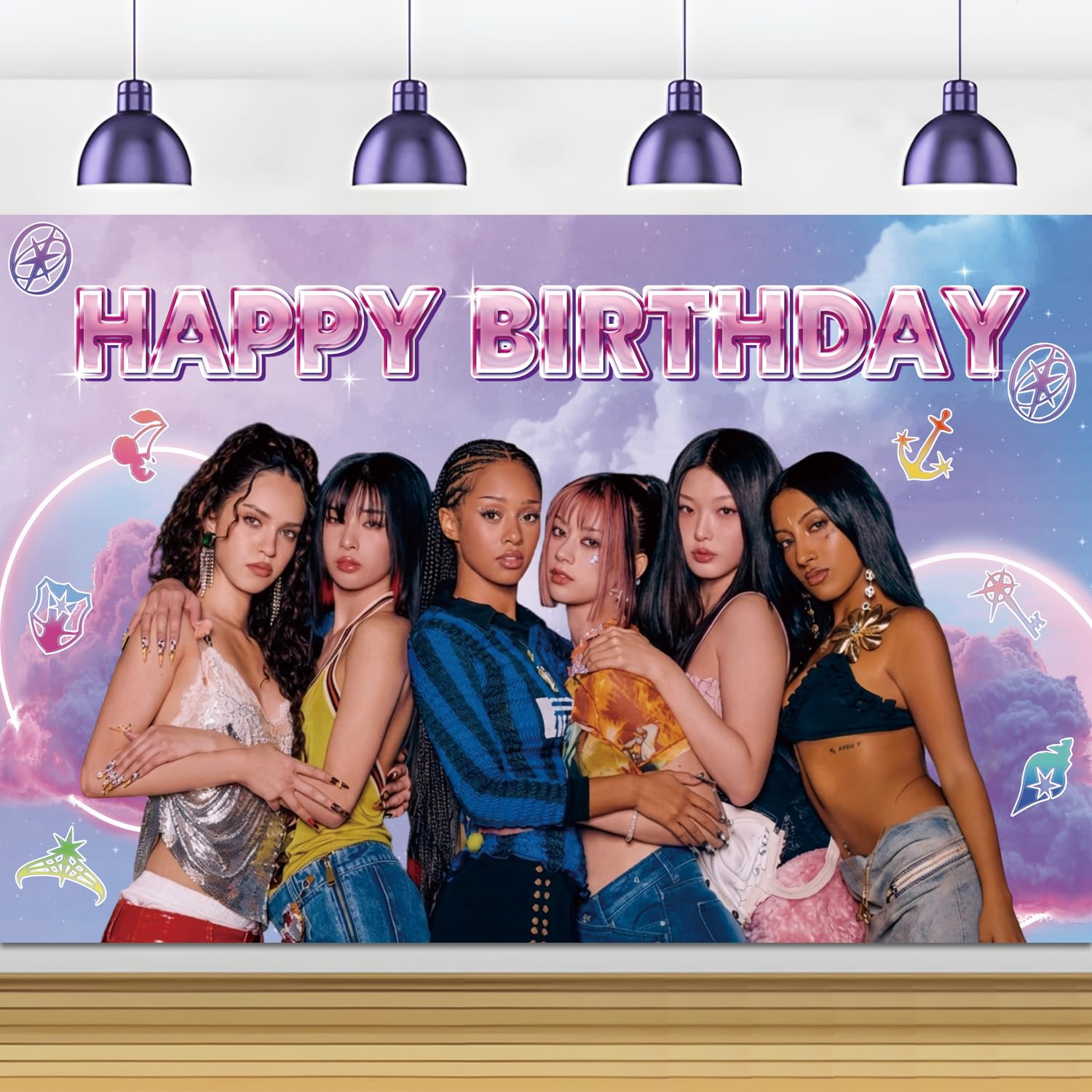 Photo 1 of Birthday Decorations Poster Backdrop Banner 5x3Ft Fashion Music Themed Happy Birthday Party Decorations Banner Background Photo Booth Props for Home Office Birthday Party Supplies
