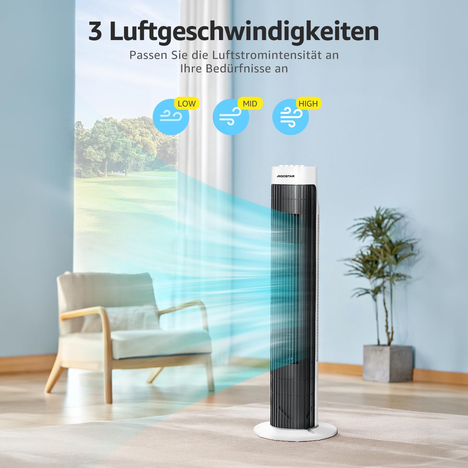 Aigostar Leise Turmventilator, 85° Oszillation, Energiesparender Säulenventilator mit Timer, bis 103.6m/min Tower Ventilator, 3 Geschwindigkeiten, 45W Tower Fan, Standventilator 76cm für Schlafzimmer 2