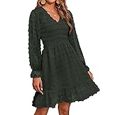 BTFBM Spring Dresses for Women 2026 Long Sleeve Casual V Neck Swiss Dot Smocked Ruffle Chiffon Flowy Mini Summer Dress