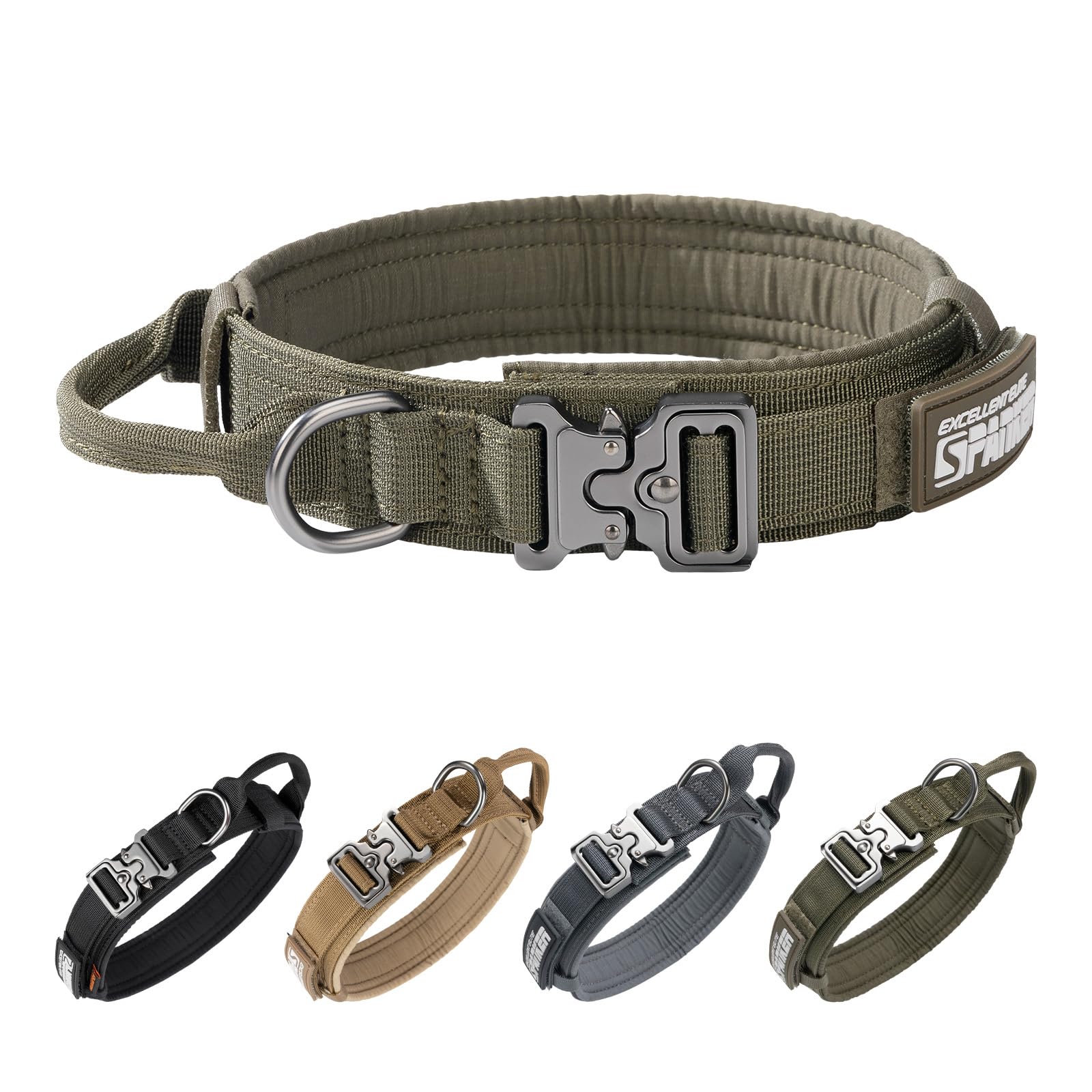 EXCELLENT ELITE SPANKER Tactical Dog Collar Nylon Adjustable Training Collar Military Dog Collar Heavy Duty Metal Buckle with Control Handle for Medium and Large Dogs with Patches(RGN-L)