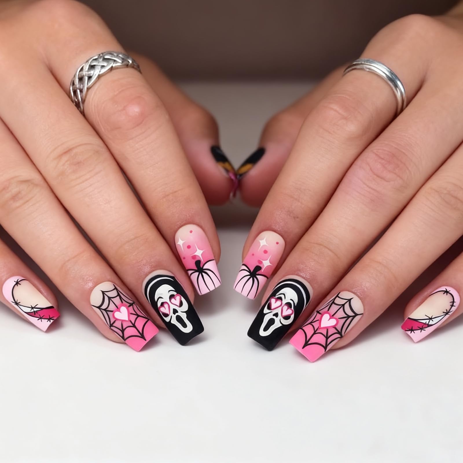 Photo 1 of ***** PACK OF 4****Press on Nails - Medium Long Pink Fake Nails Square Matte Handmade Nail Stiletto Press on Nail with Cute Ghost Spider Heart Reusable Full Cover Acrylic Stick on Nail for Women Girls 24Pcs