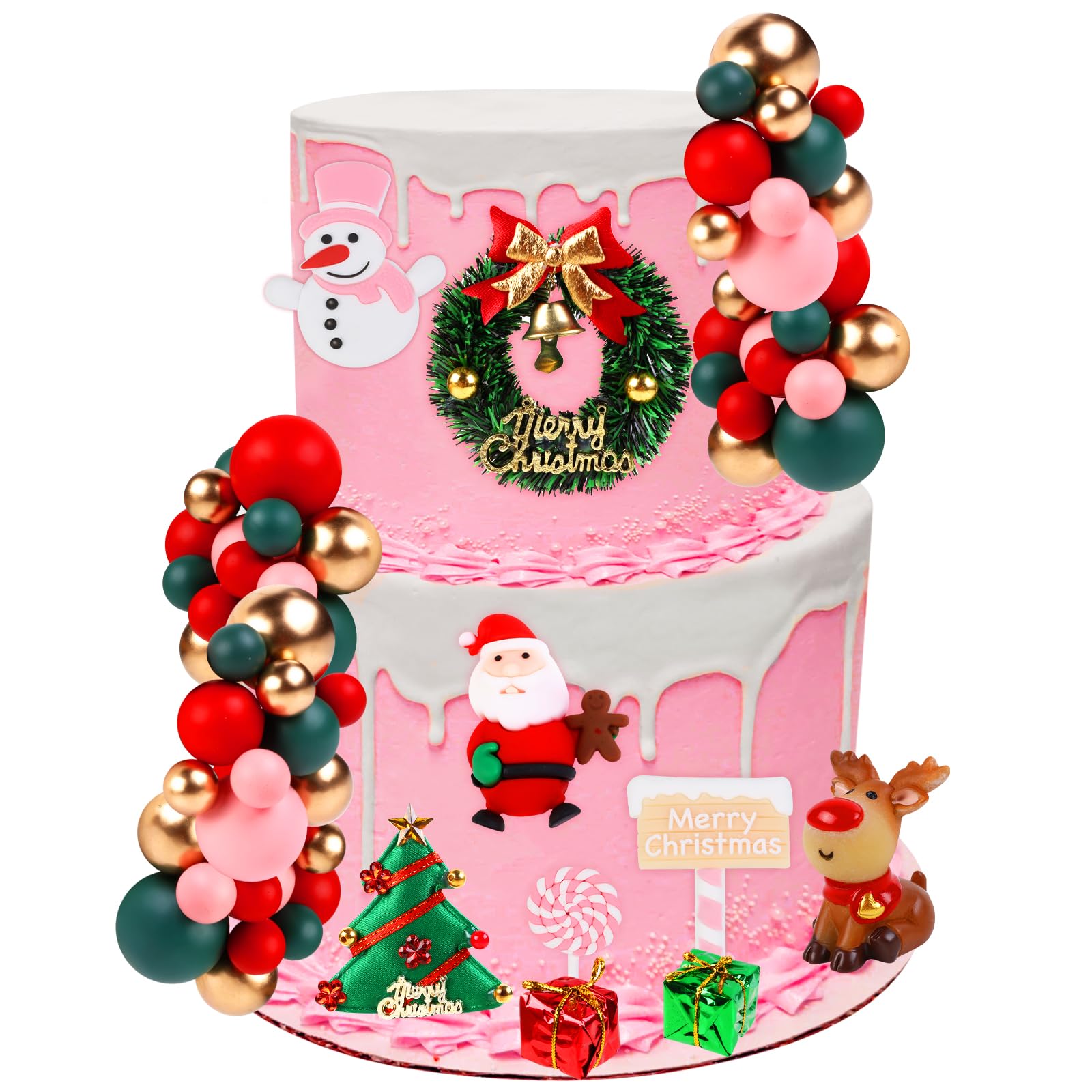Cheereveal Pink Green Red Gold Christmas Balls Decorations for Cake, Santa Claus Snowman Deer Christmas Tree Present Box Cake Figures Ornaments for Xmas Winter Holiday Party Decor Supplies