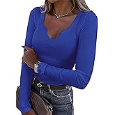 Roselux Women V Neck Ribbed Long Sleeve Shirt Fitted Basic Slim Knit Top