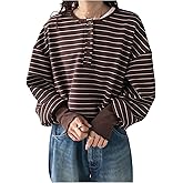 RoseSeek Women's Oversized Striped Tshirts Button Up Long Sleeve Top Crewneck Drop Shoulder Tee