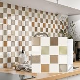 10 Sheets Upgraded Thicker Design Tile Peel and Stick Backsplash | 12"x12" 3D Self Adhesive Wall Tiles Stick on Back Splash for Kitchen,Bathroom(Beige,Square Check)