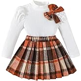 Guodeunh Toddler Girls Plaid Outfits Fall Winter Knit Ribbed Bow Sweatshirt Tops Pleated Skirts Set Holiday Picture Clothes