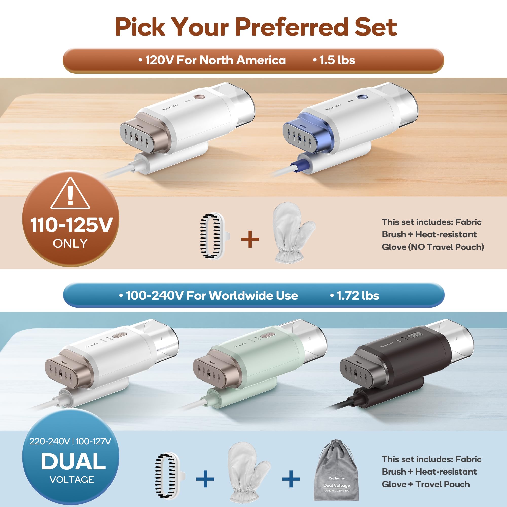 Newbealer Steamer for Clothes, 1200W Travel Steamer with Horizontal & Vertical Steaming, 2 Steam Levels, Dry Ironing, Foldable, 1.5lbs Lightly, 180ml Handheld Fabric Wrinkle Remover (120V Only)