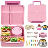 JSLOVE Bento Lunch Box with Leak Proof Thermos Food Jar for Kids, Food Lunch Containers for Girls with 4 Compartments, BPA-Free with Utensils, Food Picks, Sauce Jar & Silicone Lunch Box Dividers