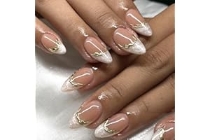 STBISEN French Short Press On Nails Almond, Nude Fake Nails with Cloudy White French Tip and 3D Gold Line Design, Glossy Gel Finish Acrylic Nails, Natural Reusable Glue On Nails Kit for Women, Gilded Cloud