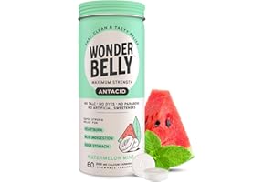 Wonderbelly Antacid, Effective Heartburn and Instant Acid Indigestion Relief, Extra Strength Chewable Tablets, 1000 mg Calcium Carbonate, No Talc or Dye, Watermelon Mint, 60 Count