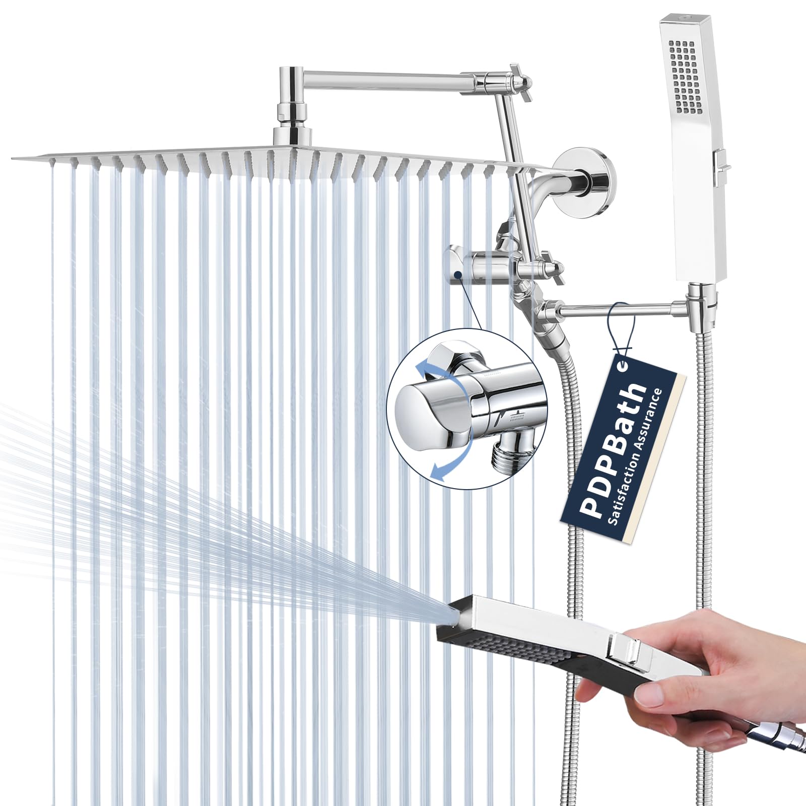 Photo 1 of PDPBath All Metal Rain Shower Head with Handheld Spray Combo, 12'' Rainfall Shower Head with 16'' Adjustable Arc-shaped Extension Arm, with Adjustable Brass Bracket and 79" Shower Hose, Chrome
