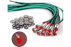 DMWD 10Pcs 6mm (1/4") 110V-220V Metal LED Indicator Light 20mA Wide Flat Head Waterproof Signal Lamp Pilot Dash Directional with Wire（Red LED 10Pcs