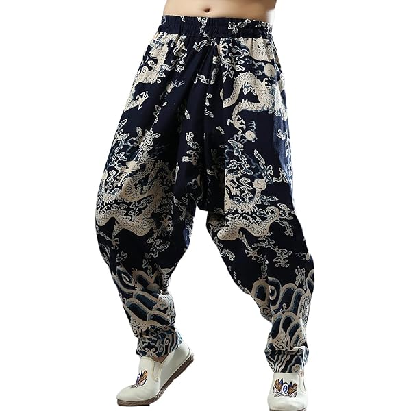 Idopy Men`s Chinese Traditional Dragon Baggy Harem Pants Trousers
