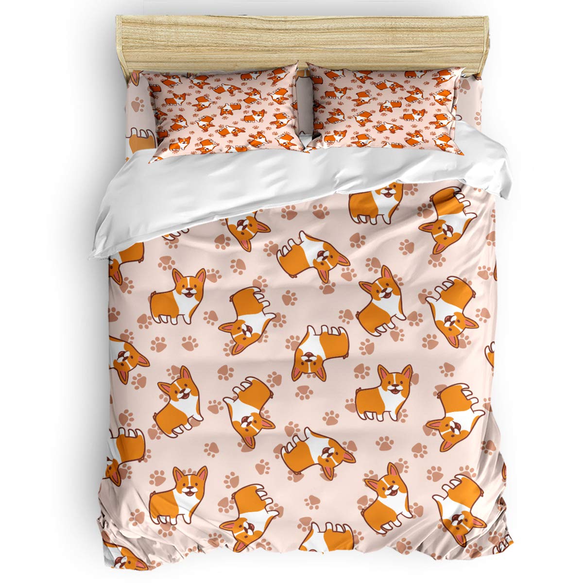 Bedding 3 Piece Kids Duvet Cover Sets Bed Sheet Set,Corgi,Anime Puppy Corgi for Dog Lover Owner Comforter Cover Set with Zipper Closure,Include 1 Duvet Cover 1 Bed Sheets 2 Pillow Cases Twin Size