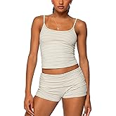 2pcs Women's Striped Outfits Sexy Sleeveless U-neck Backless Crop Tank Top Matching Fold Over Shorts Pajamas Set