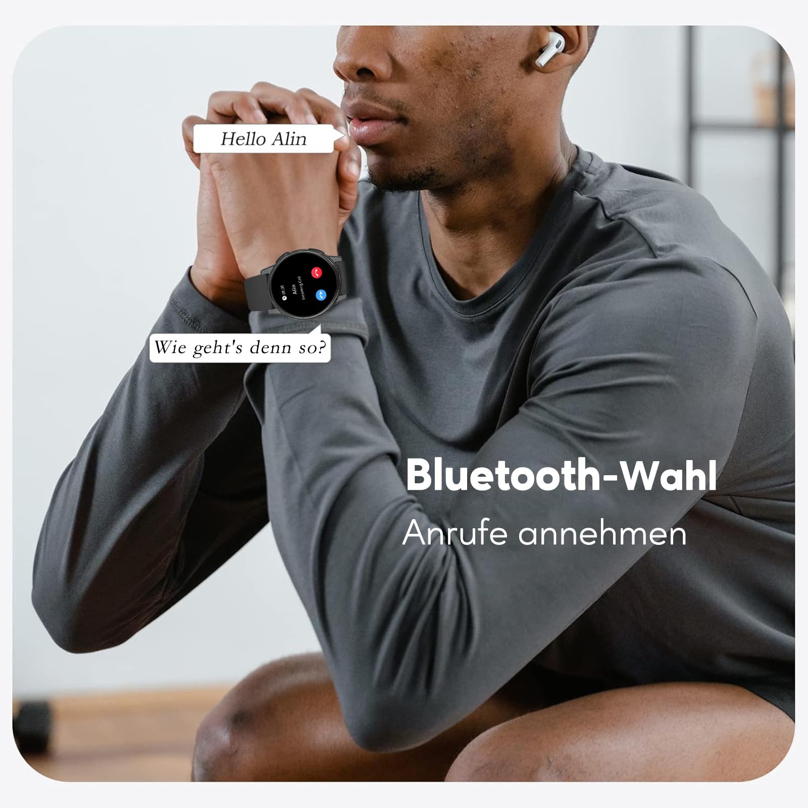 AcclaFit Smartwatch Damen Herren, 1.38 Zoll HD-Display Smart Watch mit Bluetooth Anrufe, Fitness Tracker mit Herzfrequenz SpO2 Schlafmonitor Schrittzähler, IP68 Wasserdicht Fitnessuhr iOS Black 5