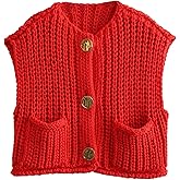 KEOMUD Women's Sleeveless Cropped Knit Cardigan Casual Button Down Crochet Sweater Vest Tops with Pockets