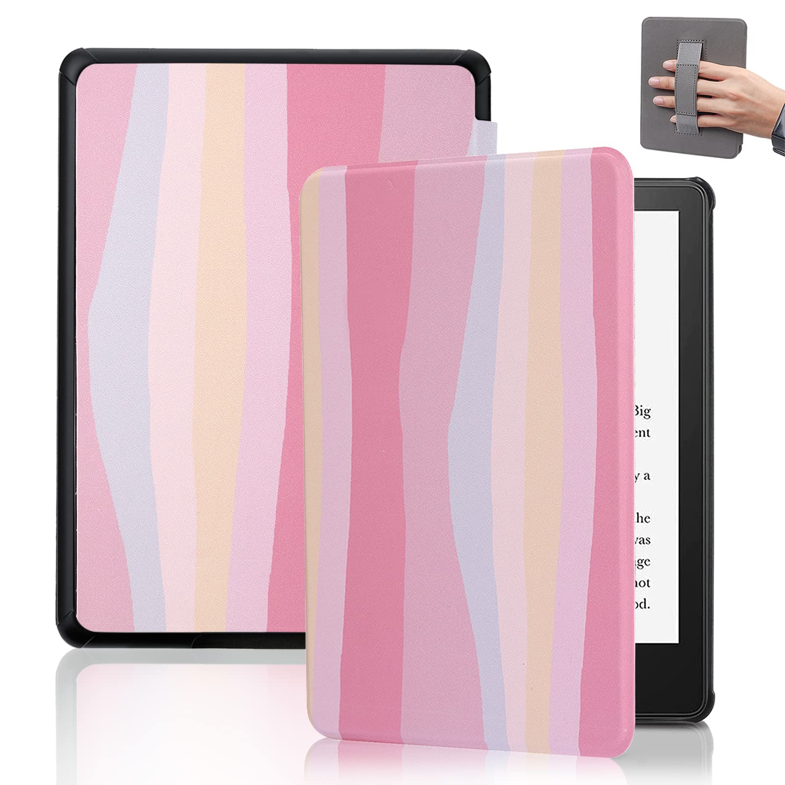 SCSVPN Case for 6.8'' Kindle Paperwhite 11th Generation & Signature Edition 2021 Release (Model NO. M2L3EK / M2L4EK), Slim PU Leather Smart Cover with Hand Strap and Auto Sleep/Wake (Colorful Pink)