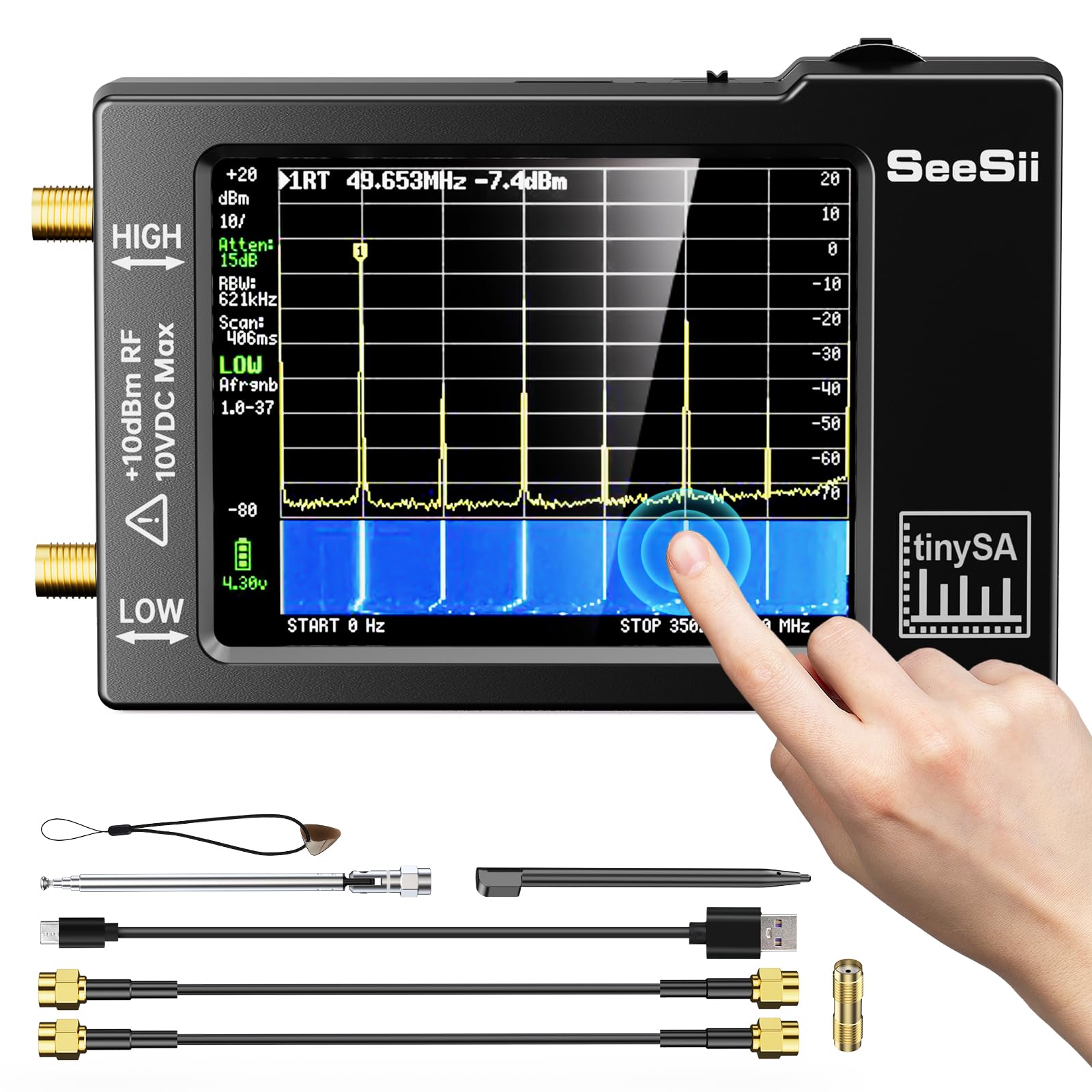 Seesii Portable TinySA Spectrum Analyzer, Upgraded V0.3.1 Handheld Tiny Frequency Analyzer 100kHz to 960MHz MF/HF/VHF UHF Input,Signal Generator with 2.8 inch Touch Screen with ESD Protect Function
