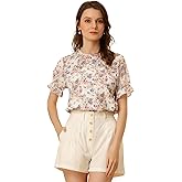 Allegra K Women's Chiffon Floral Short Sleeve Ruffled Trim Blouse Top