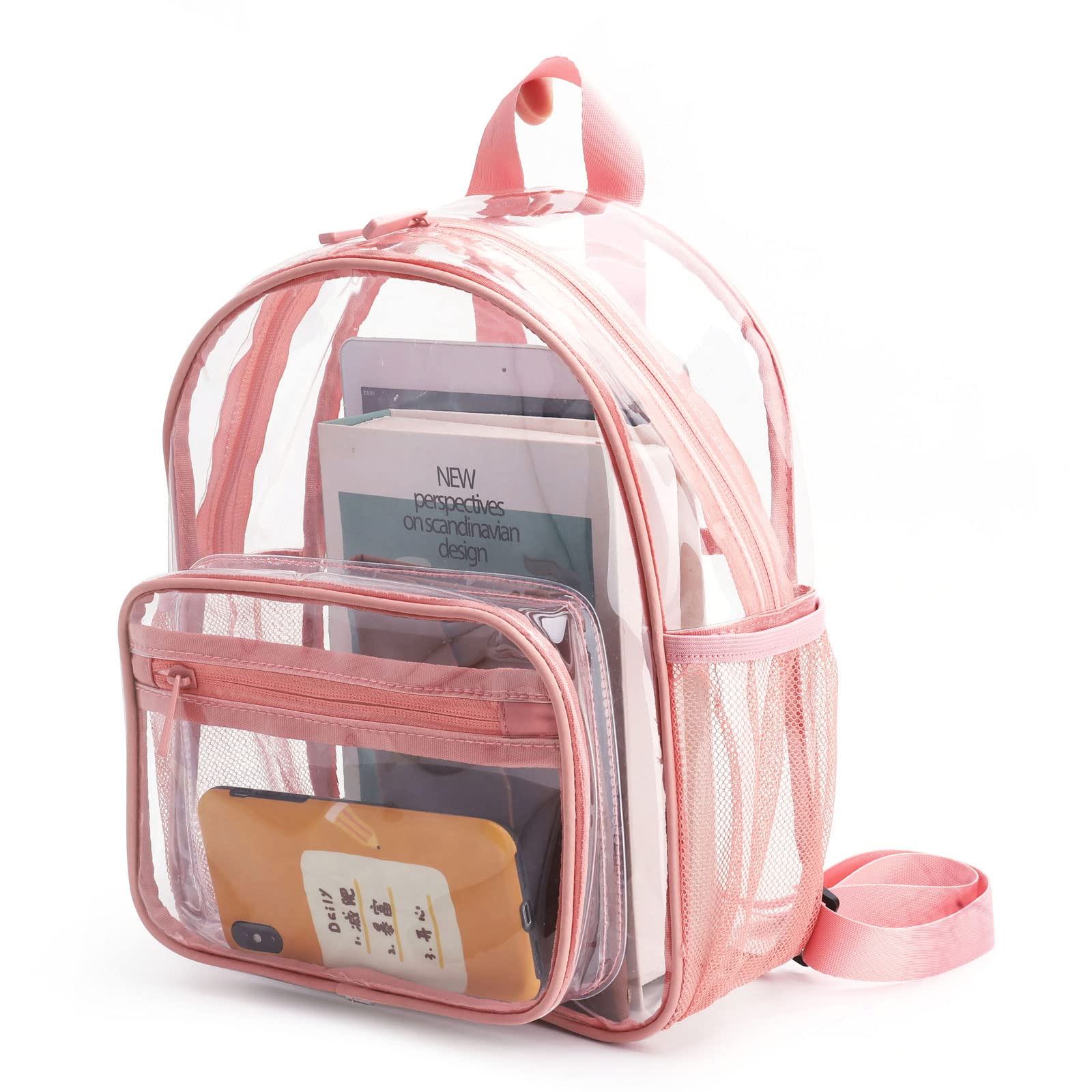 FIYUK Clear Backpack See Through Waterproof Book Bag Casual Daypack for School Travel Work Sports, Pink