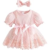 Douhoow Baby Girl Lace Dress Short Sleeve Baby Romper Dress Flowers Mesh Infant Girl Summer Clothes with Headband