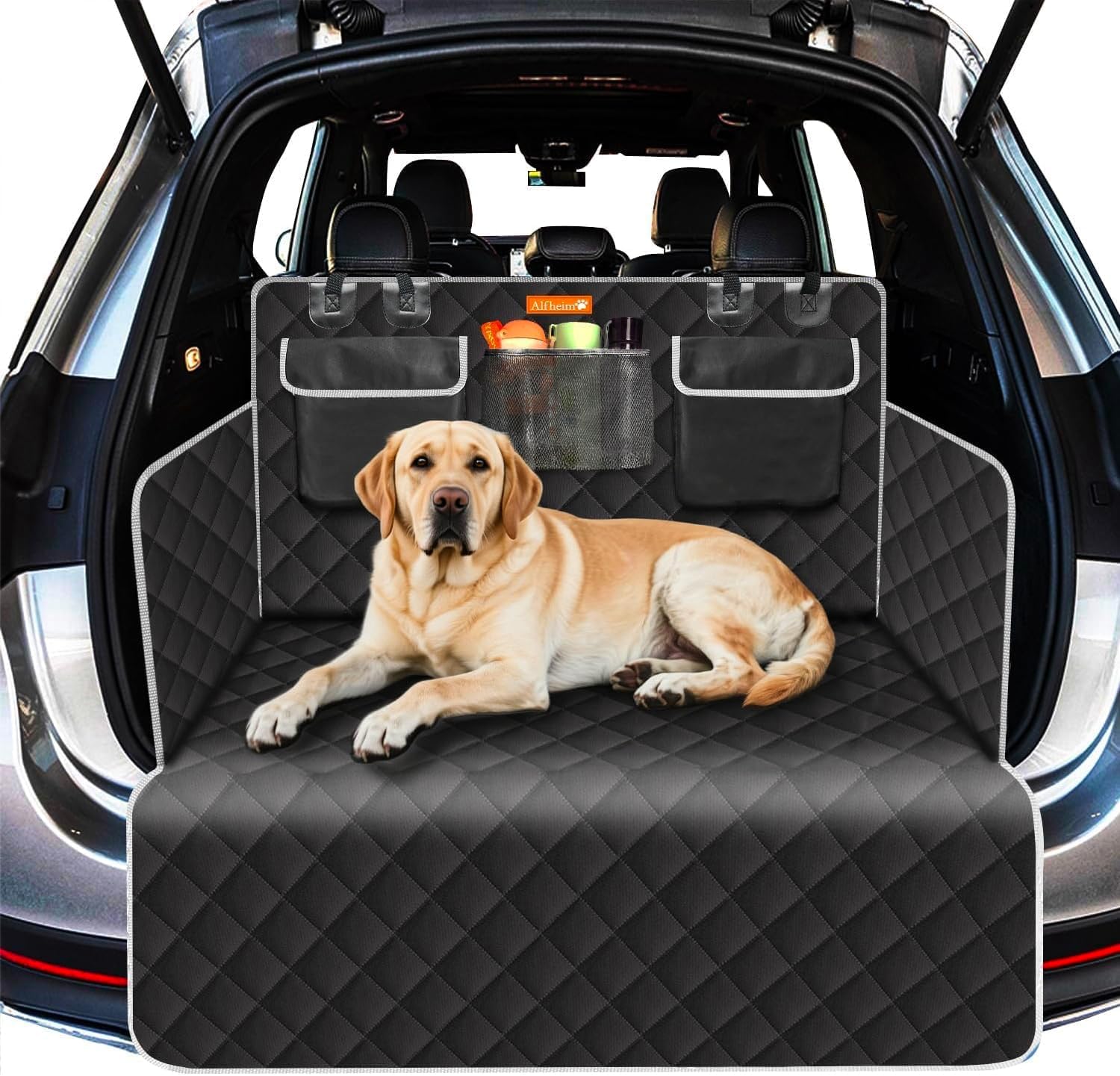 Alfheim Car Boot Liner Protector for Dog, Tear-proof and Waterproof, Nonslip Washable Dog Back Seat Cover with Side Protector Universal for Car, Estate, Trucks, SUV(Black)