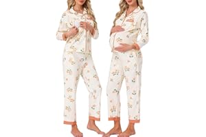 cheibear Womens Nursing Pajama Sets Postpartum Button Down Long Sleeve Pocket Labor Sleepwear Set for Breastfeeding