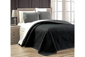 Grand Linen 3-Piece Grey/Black Oversize ORNATO Reversible Bedspread Queen/Full Embossed Coverlet Set 106 by 100-Inch
