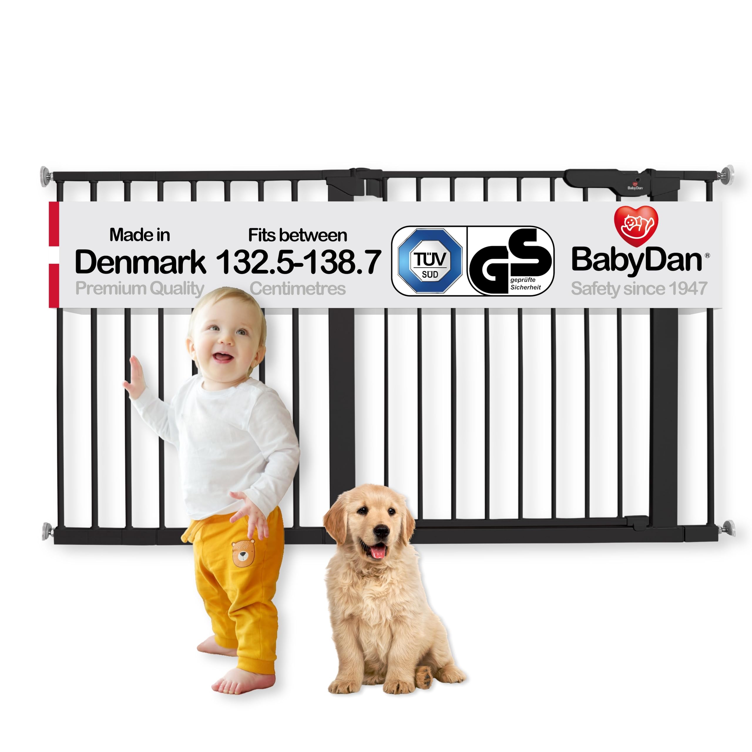 BabyDan Premier, Extra Wide Pressure Fit Stair Gate, 132.5-138.7 cm, Baby Gate/Safety Gate, Metal, White, Made in Denmark - (Pet Gate/Dog gate)