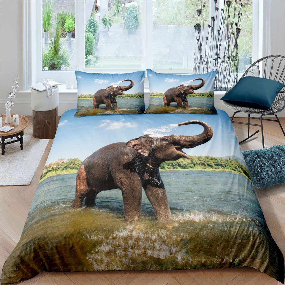 Elephant Bedding Set Exotic Style Duvet Cover Set for Kids Boys Girls Wild Animal Comforter Cover Ethnic Elephant Quilt Cover Double Size Boys