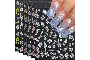 QDSUH Flower Nail Stickers, Hibiscus Nail Decals 3D Self-Adhesive White Pink Gold Flower Pattern Summer Hibiscus Nail Design Manicure Tropical Accessories for Women Girls(6Sheets)
