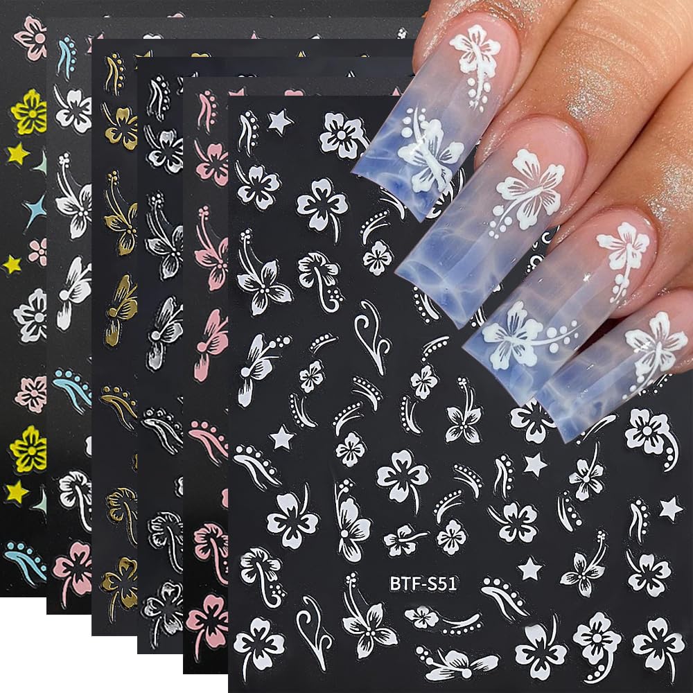 Photo 1 of Flower Nail Stickers, Hibiscus Nail Decals 3D Self-Adhesive White Pink Gold Flower Pattern Summer Hibiscus Nail Design Manicure Tropical Accessories for Women Girls(6Sheets)