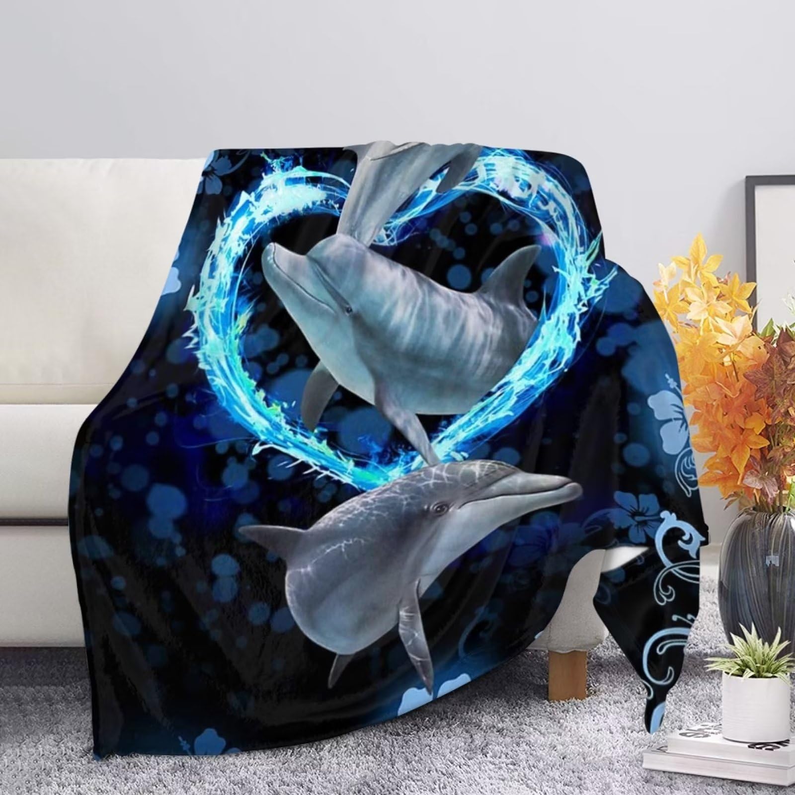 UOIMAG Dolphin Blankets Aesthetic Ocean Theme Animal Printed Blanket Lightweight Sofa Blanket Bed Throws Size M