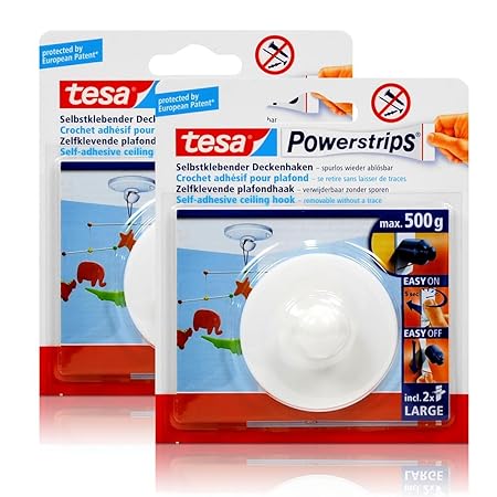 2x tesa Powerstrips Selbstklebender Deckenhaken - weiß für max. 500g Gewicht