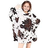 KIVEE Wearable Blanket Hoodie Kids Cow Print Sweatshirt Blanket with Giant Pocket Warm Cozy Cow Hooded Blanket 6-10 Year Old Girl Boy Birthday Cow Gifts